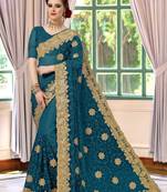 Trendmalls Dark sky blue embroidered net Party Wear Saree With Blouse