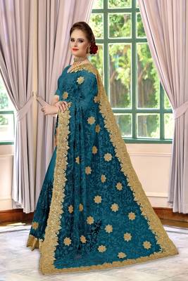 Trendmalls Dark sky blue embroidered net Party Wear Saree With Blouse 2