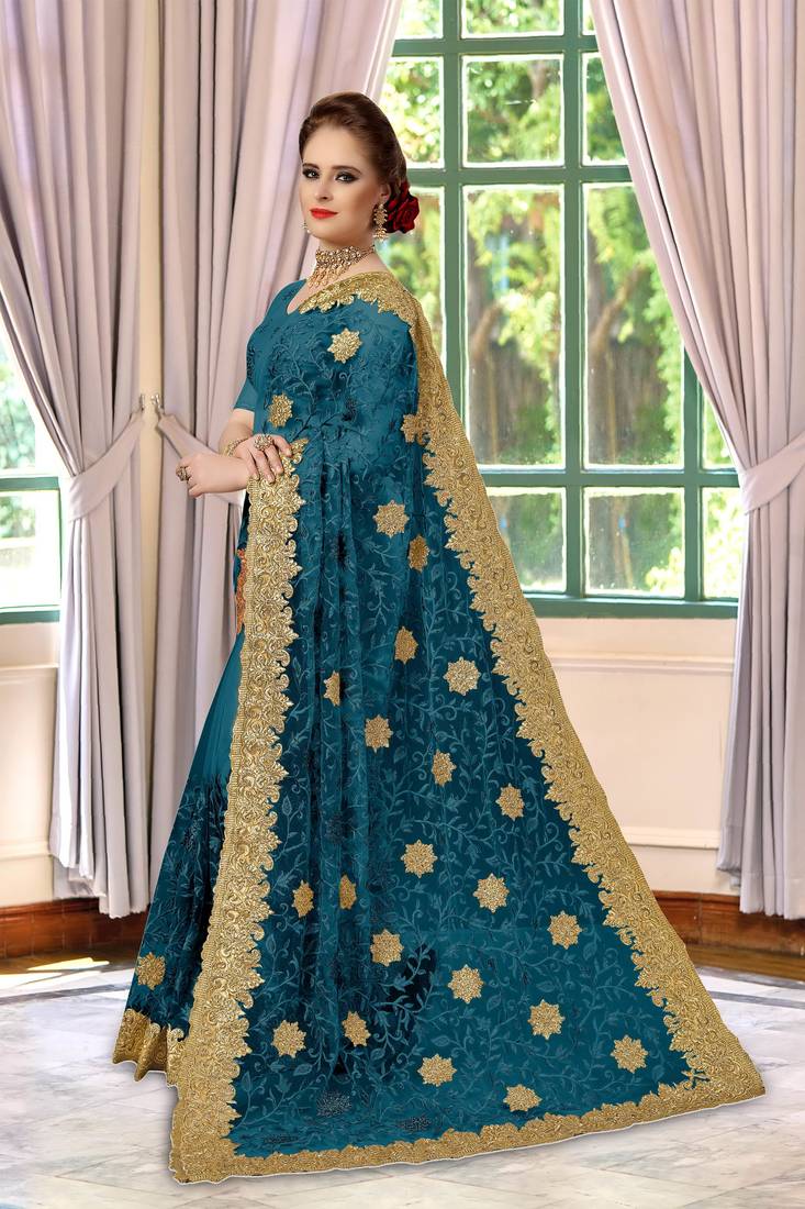 Trendmalls Dark sky blue embroidered net Party Wear Saree With Blouse