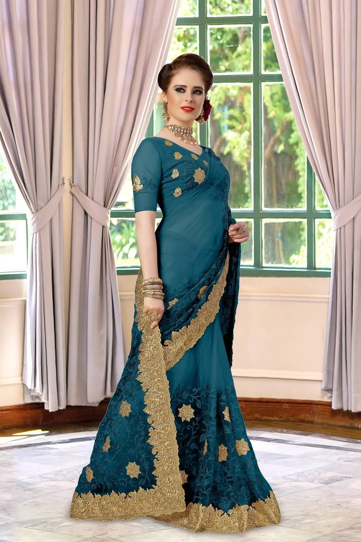 Trendmalls Dark sky blue embroidered net Party Wear Saree With Blouse