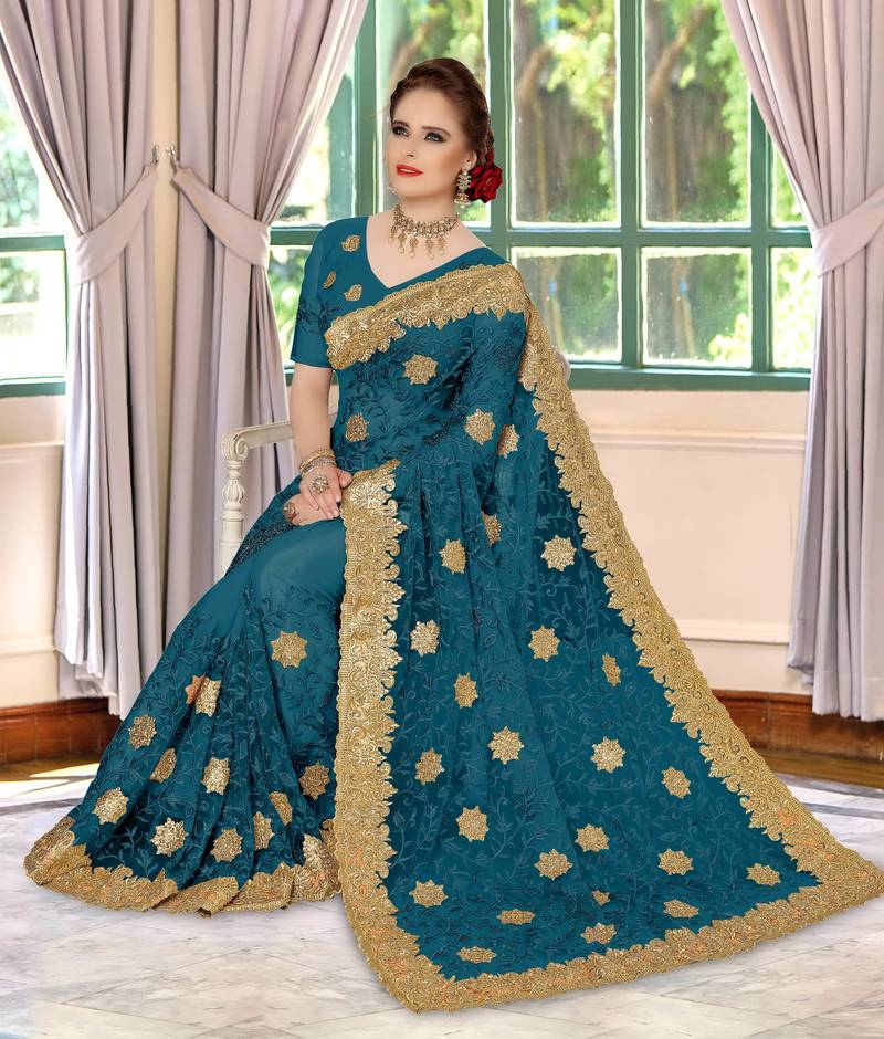 Trendmalls Dark sky blue embroidered net Party Wear Saree With Blouse