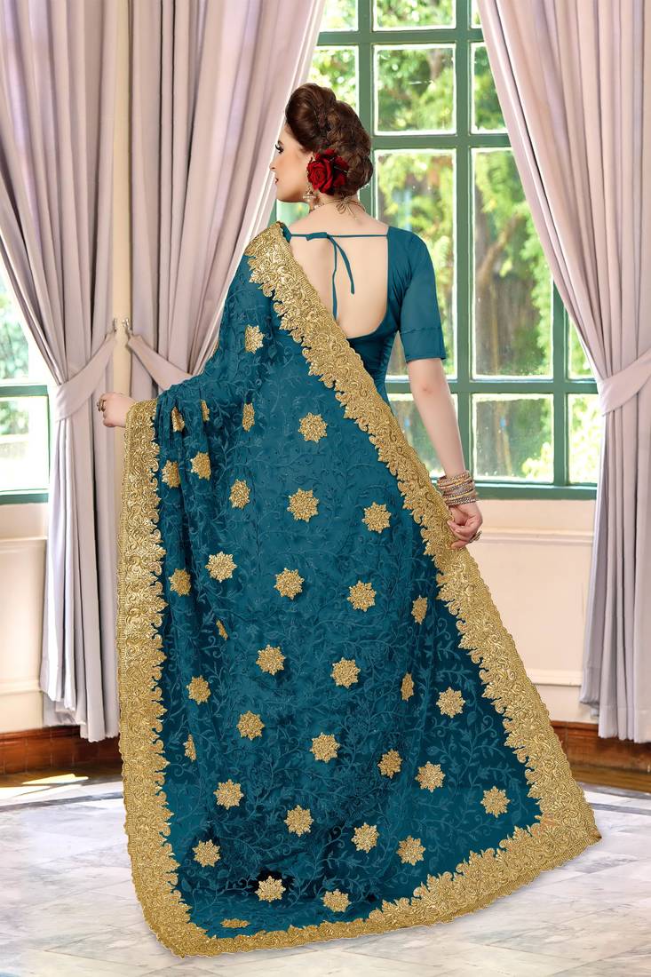 Trendmalls Dark sky blue embroidered net Party Wear Saree With Blouse
