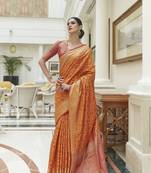 Orange Traditional Indian thread Weaving Patola Silk bland Saree With Boluse 