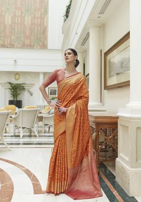 Orange Traditional Indian thread Weaving Patola Silk bland Saree With Boluse  2