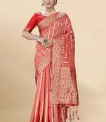 Peach embroidered organza saree with blouse