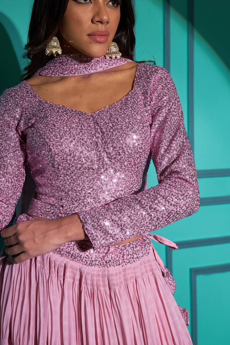 BABY PINK FABRIC PLITTING PATTERN WITH THREAD & SEQUINCE EMBROIDERED WORK GEORGETTE PLUS SIZE LEHENGA CHOLI WITH DUPATTA