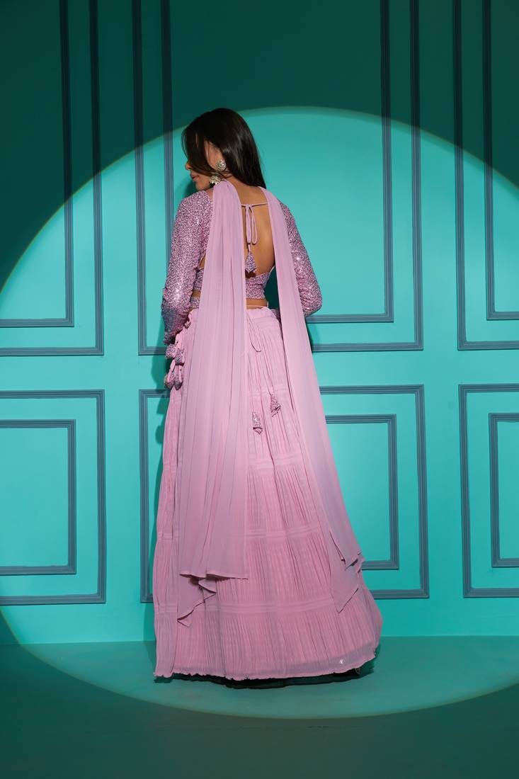 BABY PINK FABRIC PLITTING PATTERN WITH THREAD & SEQUINCE EMBROIDERED WORK GEORGETTE PLUS SIZE LEHENGA CHOLI WITH DUPATTA