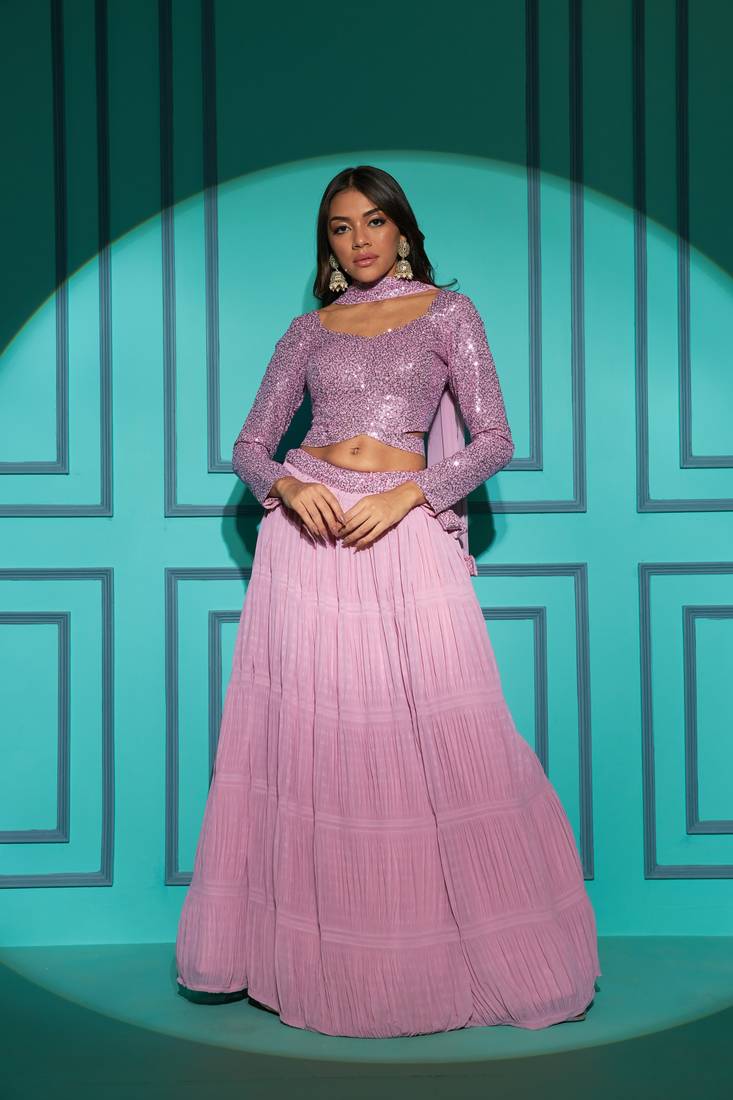 BABY PINK FABRIC PLITTING PATTERN WITH THREAD & SEQUINCE EMBROIDERED WORK GEORGETTE PLUS SIZE LEHENGA CHOLI WITH DUPATTA