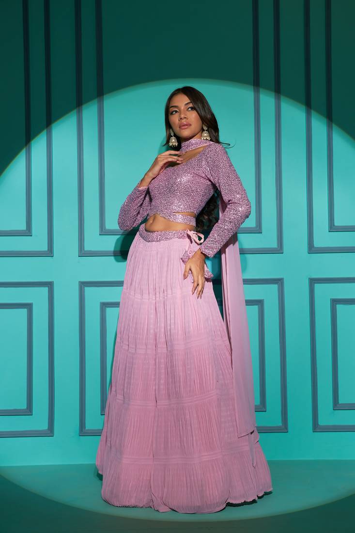 BABY PINK FABRIC PLITTING PATTERN WITH THREAD & SEQUINCE EMBROIDERED WORK GEORGETTE PLUS SIZE LEHENGA CHOLI WITH DUPATTA