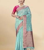 Blue embroidered organza saree with blouse