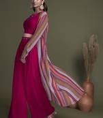 RANI PINK EMBROIDERED WORK GEORGETTE & CHINON CHIFFON LONG SHRUG-KOTI BLOUSE & PLAZZO STITCHED