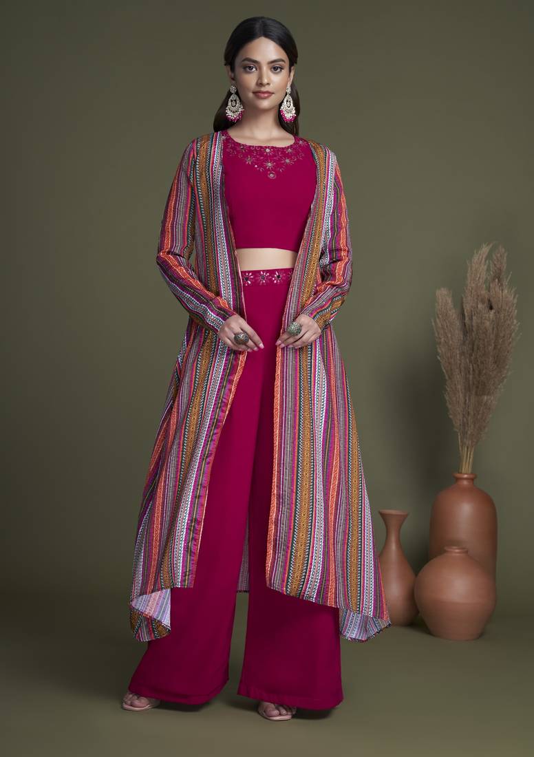 RANI PINK EMBROIDERED WORK GEORGETTE & CHINON CHIFFON LONG SHRUG-KOTI BLOUSE & PLAZZO STITCHED