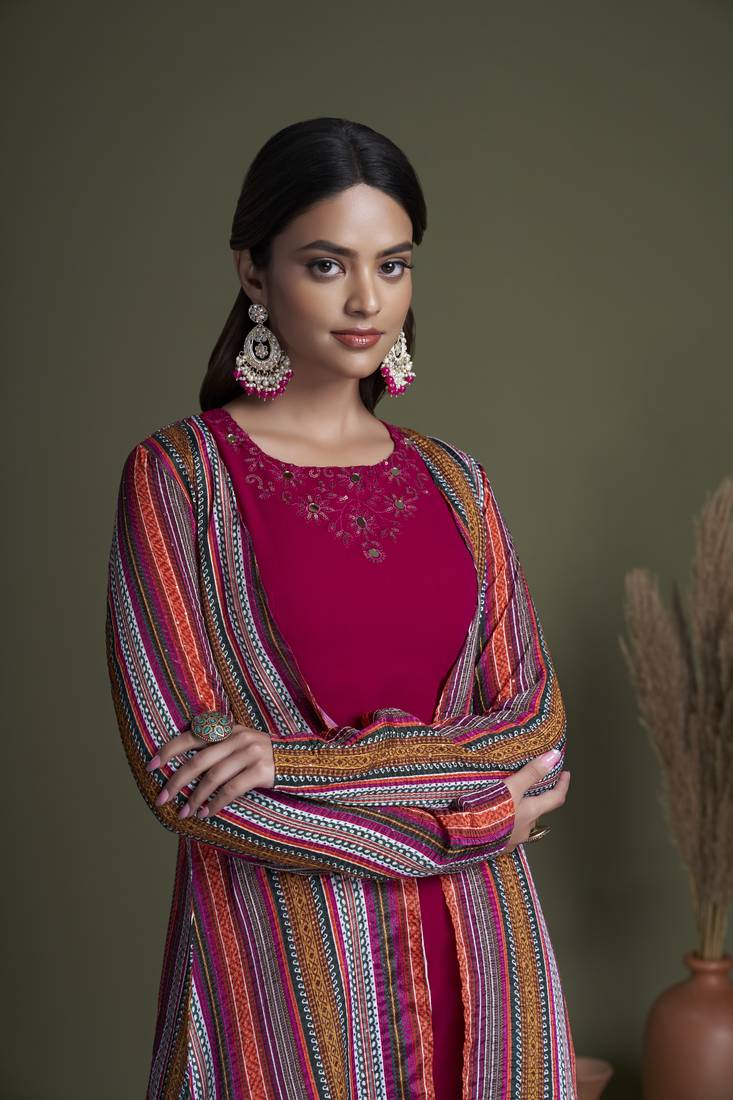 RANI PINK EMBROIDERED WORK GEORGETTE & CHINON CHIFFON LONG SHRUG-KOTI BLOUSE & PLAZZO STITCHED