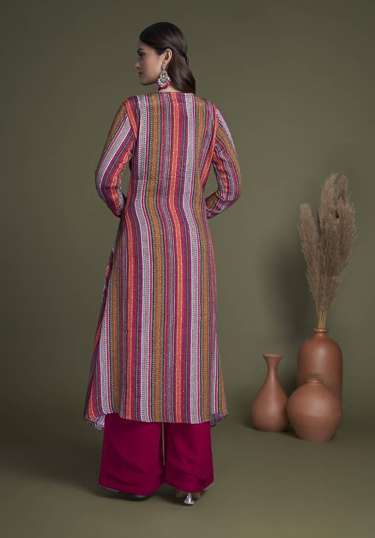 RANI PINK EMBROIDERED WORK GEORGETTE & CHINON CHIFFON LONG SHRUG-KOTI BLOUSE & PLAZZO STITCHED