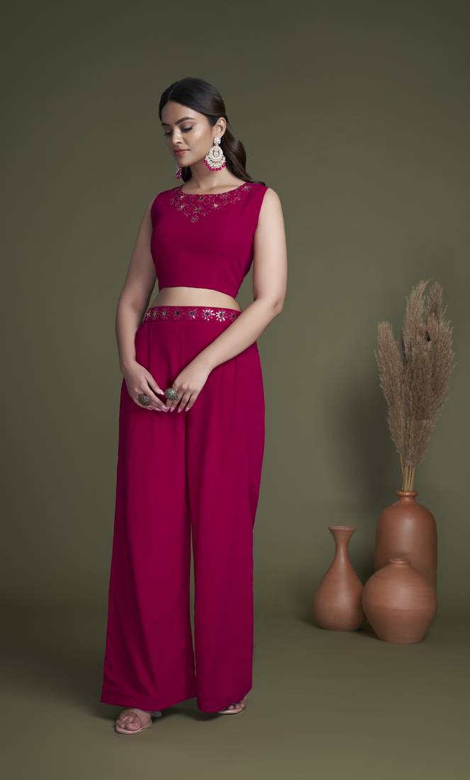 RANI PINK EMBROIDERED WORK GEORGETTE & CHINON CHIFFON LONG SHRUG-KOTI BLOUSE & PLAZZO STITCHED