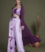 PURPLE EMBROIDERED WORK SILK & GEORGETTE LONG SHRUG-KOTI BLOUSE & PLAZZO STITCHED