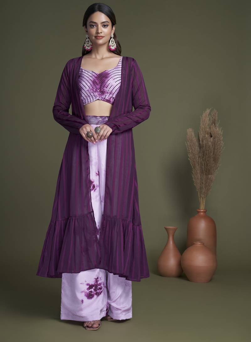 PURPLE EMBROIDERED WORK SILK & GEORGETTE LONG SHRUG-KOTI BLOUSE & PLAZZO STITCHED