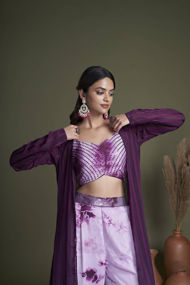 PURPLE EMBROIDERED WORK SILK & GEORGETTE LONG SHRUG-KOTI BLOUSE & PLAZZO STITCHED