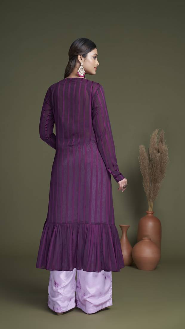 PURPLE EMBROIDERED WORK SILK & GEORGETTE LONG SHRUG-KOTI BLOUSE & PLAZZO STITCHED