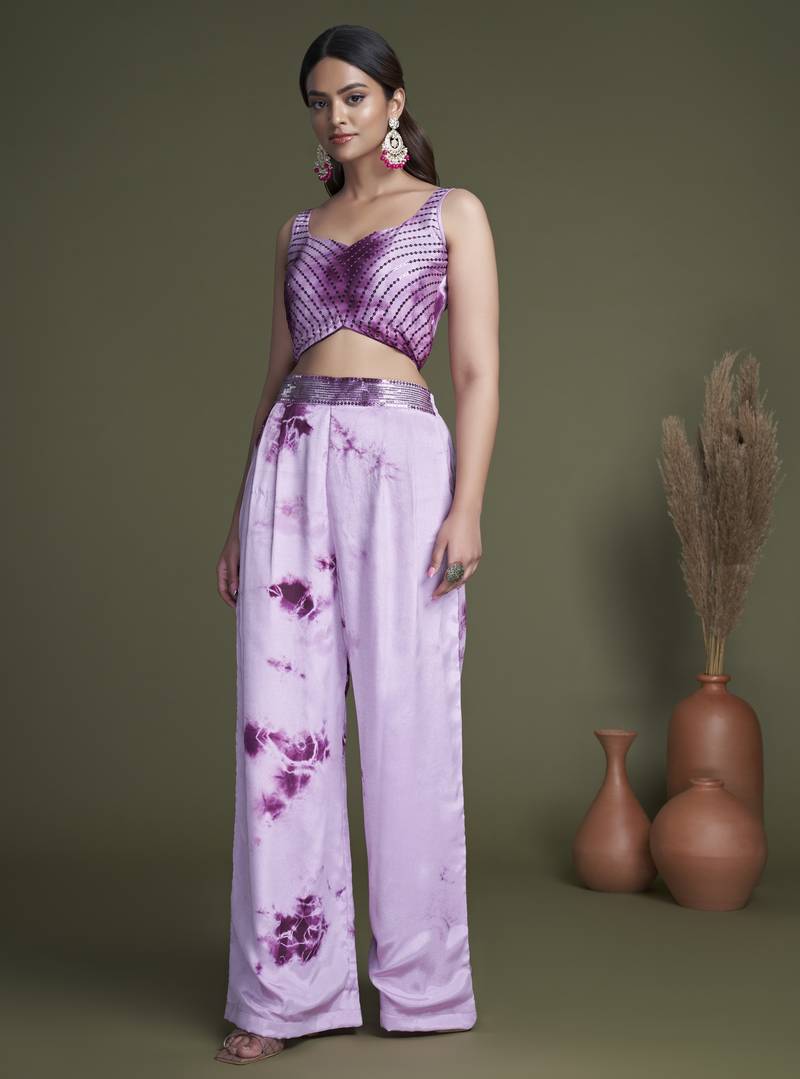 PURPLE EMBROIDERED WORK SILK & GEORGETTE LONG SHRUG-KOTI BLOUSE & PLAZZO STITCHED