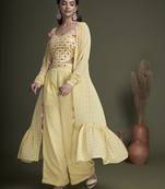 YELLOW EMBROIDERED WORK GEORGETTE LONG SHRUG-KOTI BLOUSE & PLAZZO STITCHED