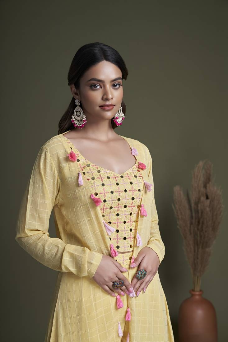 YELLOW EMBROIDERED WORK GEORGETTE LONG SHRUG-KOTI BLOUSE & PLAZZO STITCHED