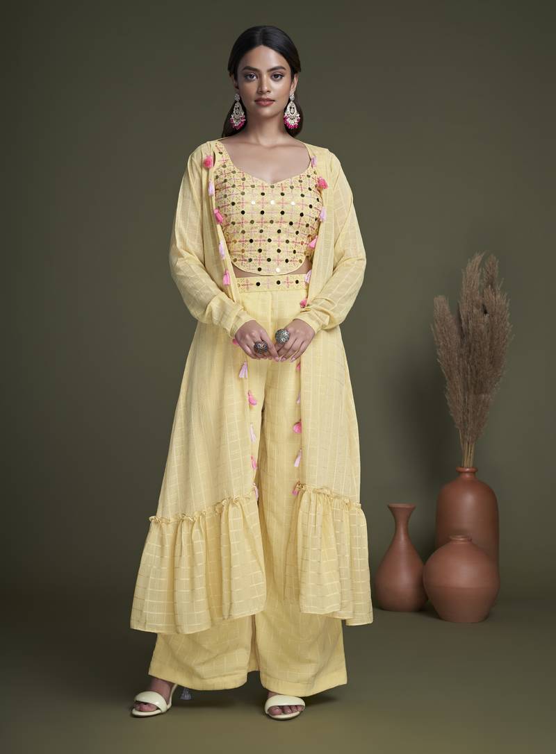 YELLOW EMBROIDERED WORK GEORGETTE LONG SHRUG-KOTI BLOUSE & PLAZZO STITCHED