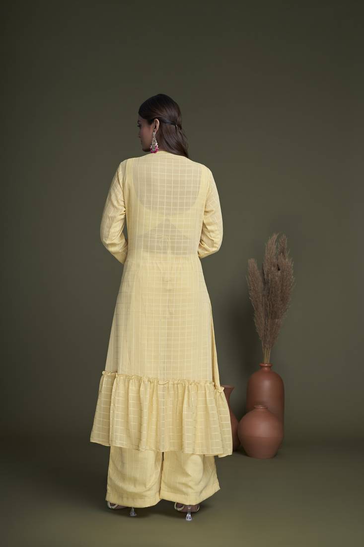 YELLOW EMBROIDERED WORK GEORGETTE LONG SHRUG-KOTI BLOUSE & PLAZZO STITCHED