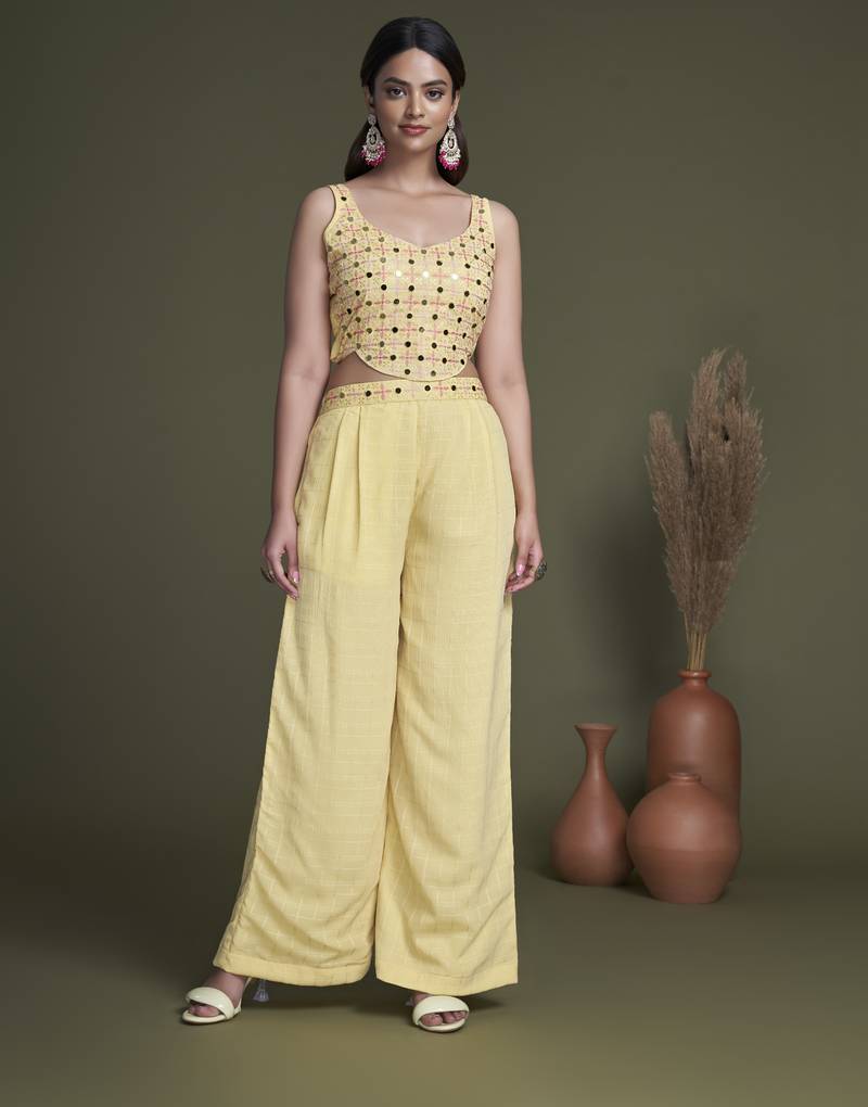 YELLOW EMBROIDERED WORK GEORGETTE LONG SHRUG-KOTI BLOUSE & PLAZZO STITCHED