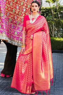 Rani Pink Kumbhi Color kanjivaram silk blend Saree With Zari Weaving Work 1