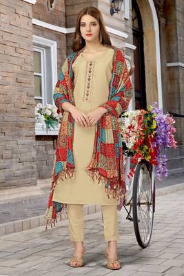 Trendmalls Beige Cotton Embroidered Bandhani Print Party Wear Kurta Pant with Dupatta Salwar Suit Set 1
