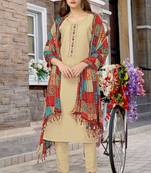 Trendmalls Beige Cotton Embroidered Bandhani Print Party Wear Kurta Pant with Dupatta Salwar Suit Set