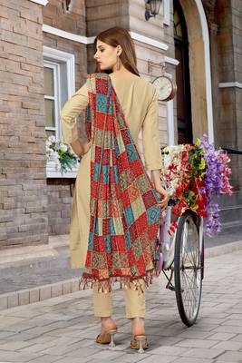 Trendmalls Beige Cotton Embroidered Bandhani Print Party Wear Kurta Pant with Dupatta Salwar Suit Set 2