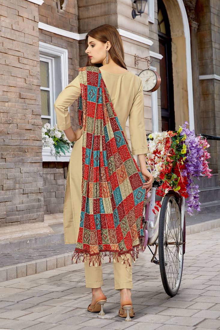 Trendmalls Beige Cotton Embroidered Bandhani Print Party Wear Kurta Pant with Dupatta Salwar Suit Set