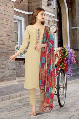 Trendmalls Beige Cotton Embroidered Bandhani Print Party Wear Kurta Pant with Dupatta Salwar Suit Set 3