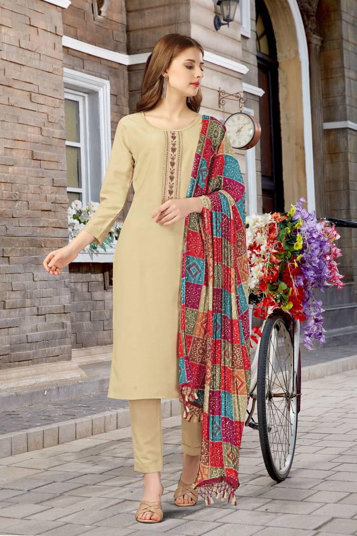 Trendmalls Beige Cotton Embroidered Bandhani Print Party Wear Kurta Pant with Dupatta Salwar Suit Set