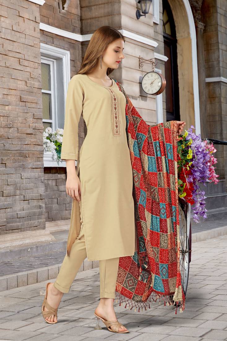 Trendmalls Beige Cotton Embroidered Bandhani Print Party Wear Kurta Pant with Dupatta Salwar Suit Set