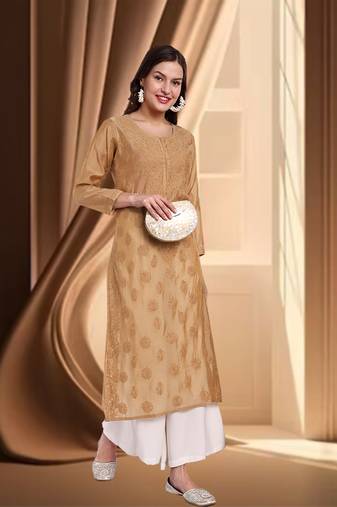 Hand Embroidered Fawn Chanderi Lucknow Chikankari Indian Women Straight Kurta