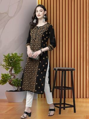 Hand Embroidered Black & Fawn Cotton Lucknowi Chikankari Indian Women Straight Long Kurta 1