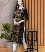 Hand Embroidered Black & Fawn Cotton Lucknowi Chikankari Indian Women Straight Long Kurta