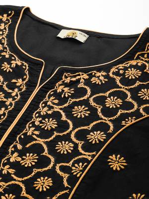 Hand Embroidered Black & Fawn Cotton Lucknowi Chikankari Indian Women Straight Long Kurta 2