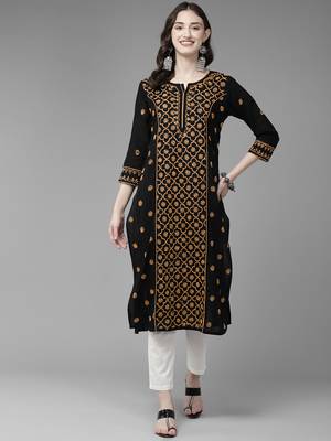 Hand Embroidered Black & Fawn Cotton Lucknowi Chikankari Indian Women Straight Long Kurta 3
