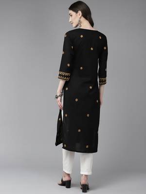 Hand Embroidered Black & Fawn Cotton Lucknowi Chikankari Indian Women Straight Long Kurta 4