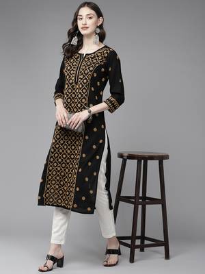 Hand Embroidered Black & Fawn Cotton Lucknowi Chikankari Indian Women Straight Long Kurta 5