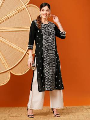 Hand Embroidered Black & White Cotton Lucknow Chikankari Indian Women Straight Kurta 1