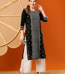 Hand Embroidered Black & White Cotton Lucknow Chikankari Indian Women Straight Kurta