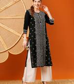Hand Embroidered Black & White Cotton Lucknow Chikankari Indian Women Straight Kurta