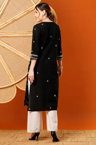Hand Embroidered Black & White Cotton Lucknow Chikankari Indian Women Straight Kurta