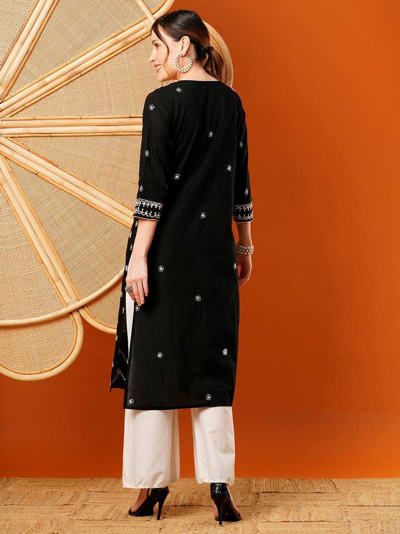 Hand Embroidered Black & White Cotton Lucknow Chikankari Indian Women Straight Kurta