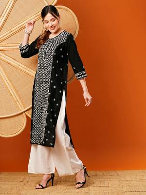 Hand Embroidered Black & White Cotton Lucknow Chikankari Indian Women Straight Kurta 4